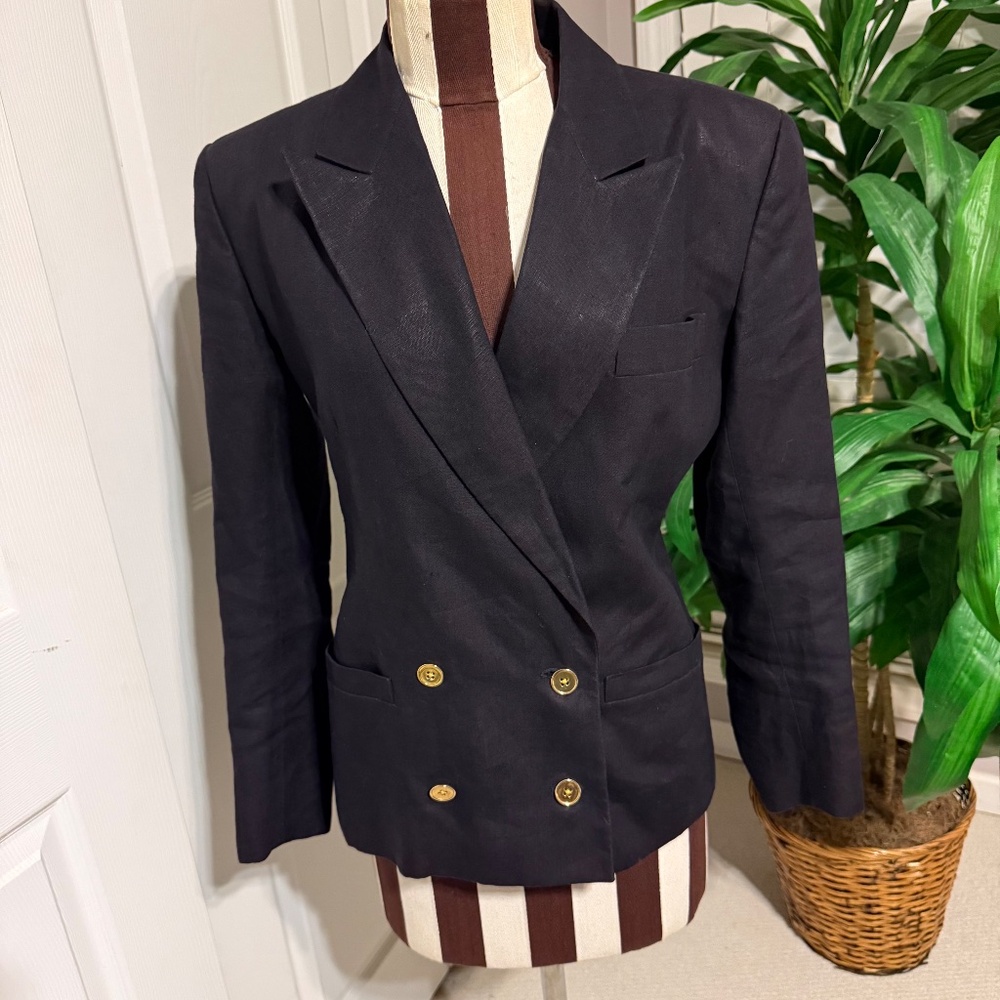 Calvin Klein Vintage Navy Linen Blazer Size 4 USA Made ILGWU Gold Buttons Silk